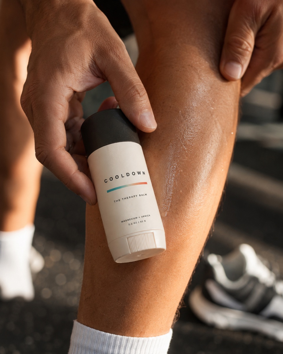 Applying The Therapy Balm to a calf after a run
